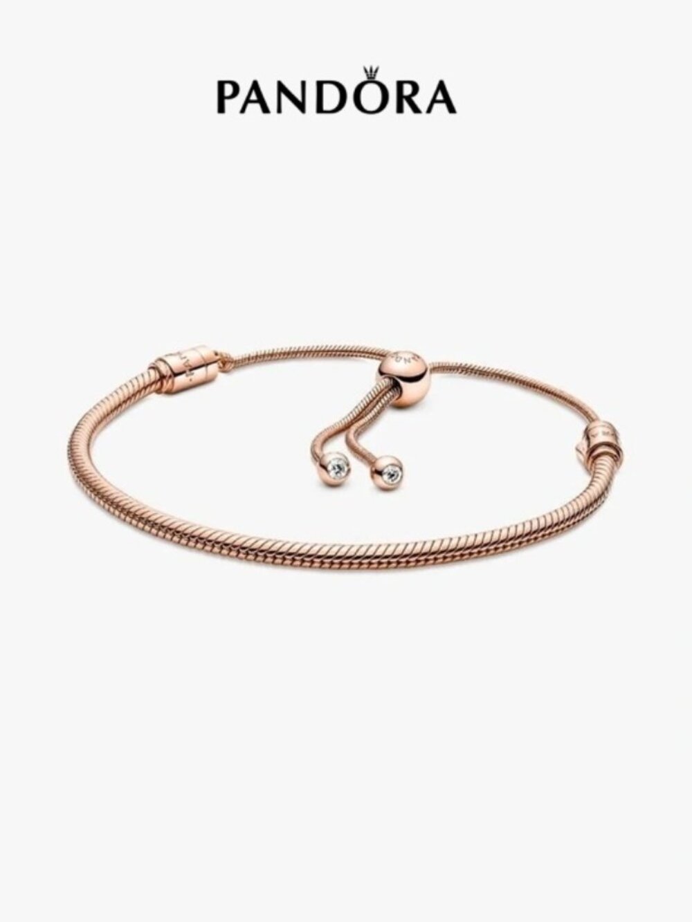 Pandora Rose Gold Sliding Snake Chain Bracelet with Crystal Ends